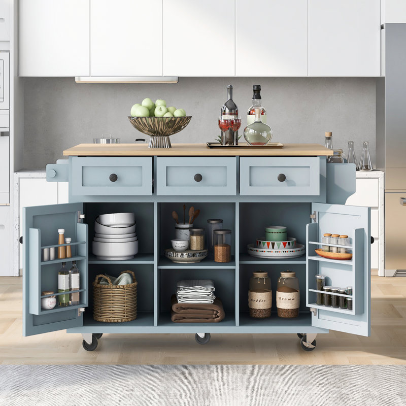 Îlot de cuisine rabattable avec porte d'armoire, 5 roulettes, 3 tiroirs gris-bleu, pour une utilisation pratique dans la salle à manger