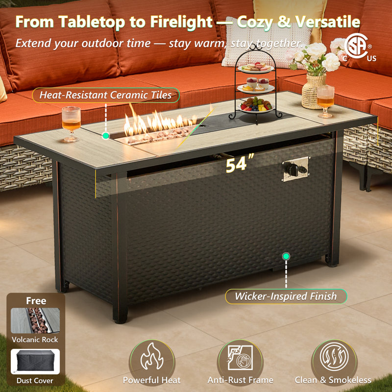 Ensemble de 12 meubles de patio extérieur avec table de foyer 54 po, table basse à lumière solaire et parasol double face 14,5 pi avec base, siège en osier PE pour 8