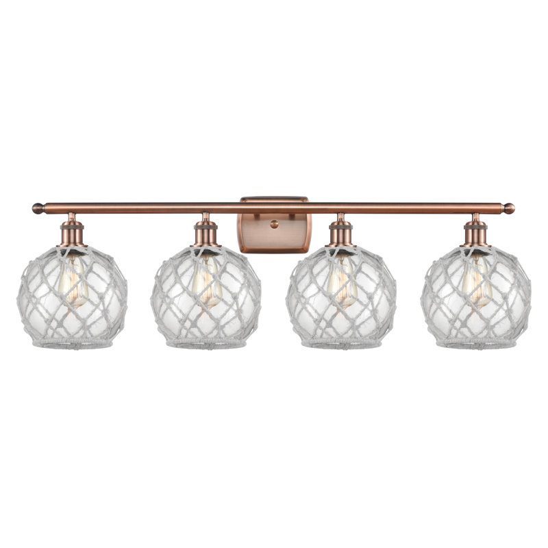 Éclairage de salle de bain à intensité variable 4 lumières Larochelle Farmhouse Rope, Transparent/blanc, Cuivre antique