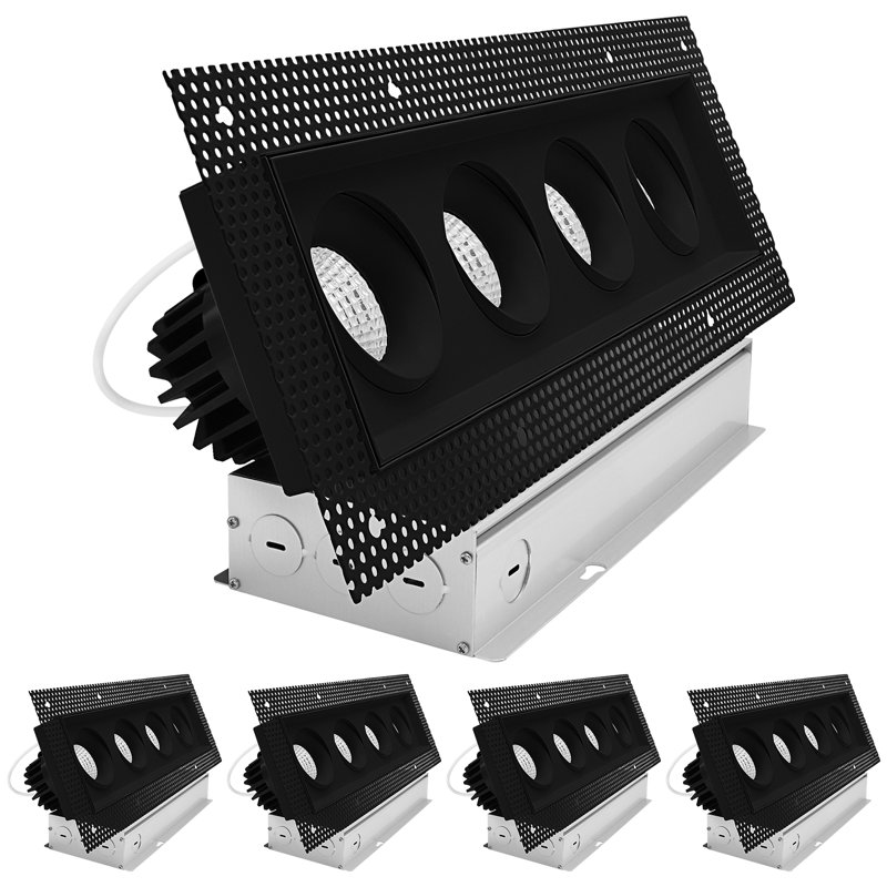 LUXRITE 4-Head Rectangle Black Regressed Trimless Gimbal LED Recessed Light, 360° + 15° Swivel, 5CCT, 60W, 4000LM, 60°, Dual Dimmable, IC & Wet 4 Pack