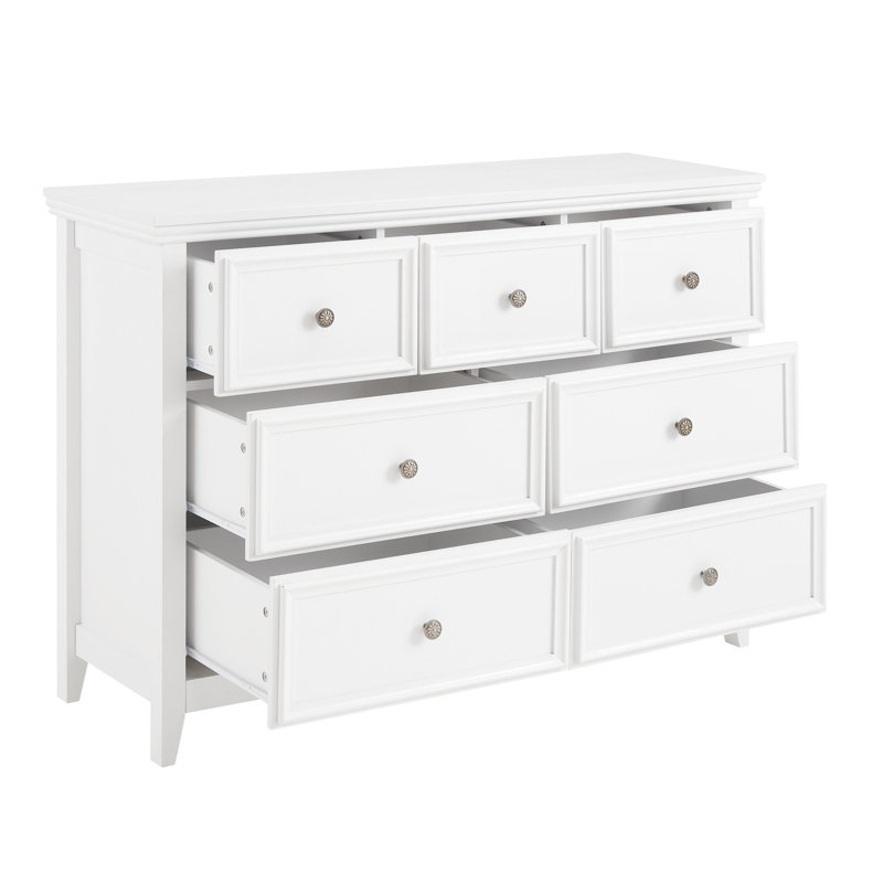 Commode 7 tiroirs pour le rangement des vêtements - Armoire blanche avec poignées en métal classiques et commode à glissières larges