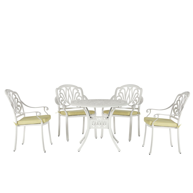 Helland 4 - Person Patio Dining Set with Round Table , Cushions Included, Green, White