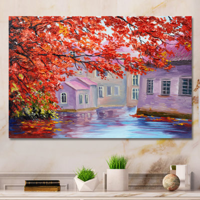 «Colorful Autumn Red Trees In Cottage Village», reproduction sur toile flottante
