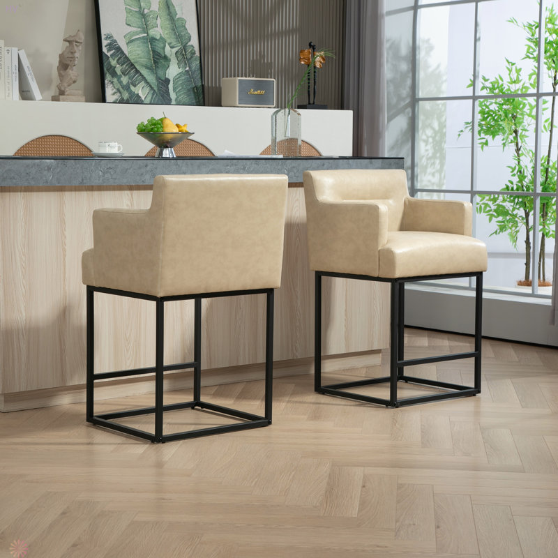 House Hold Counter Height Bar Stools Set Of 2, Modern Square Bar Stool With Back, Black Metal Frames, Upholstered Bar Stools For Kitchen Island, Pub, Club (PU)