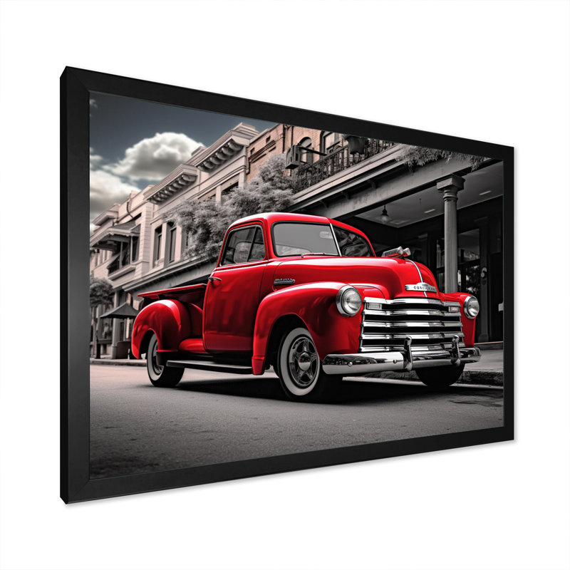 Red Pickup Truck Road Legends II - Transportation Wall Decor, H 16 po x l 32 po x P 1 po, Cadre simple noir