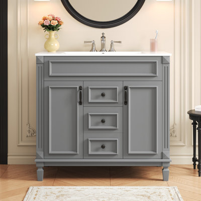 Meuble-lavabo 36 po avec lavabo supérieur, armoire de rangement moderne avec 2 portes à fermeture douce, meuble-lavabo simple