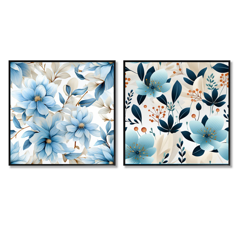 Blue Coastal Harmony, motif floral VI - ensemble de 2 collages floraux carrés, Cadre flottant noir, H 30 po x l 61 po