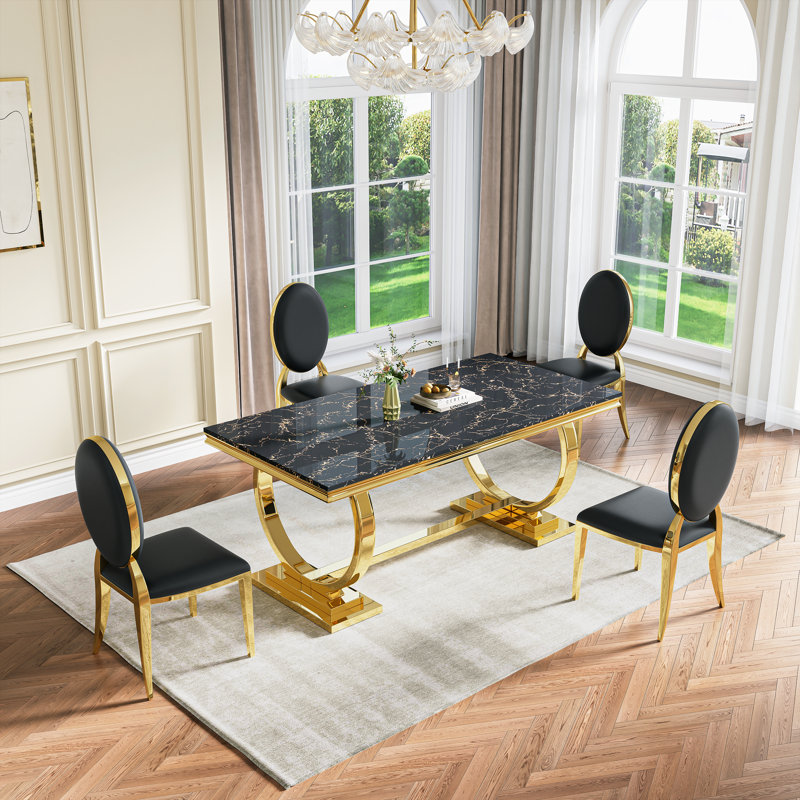 Modern Dining Room Set, Faux Marble Tabletop Kitchen Dining Table Set With Upholstered Chairs, 5 Pieces: Table, 4 Chairs