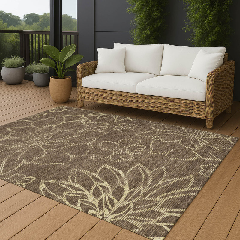 Tapis floral intérieur / extérieur lavable à la machine Chantille ACN2789, Chocolat, 8 pi x 10 pi