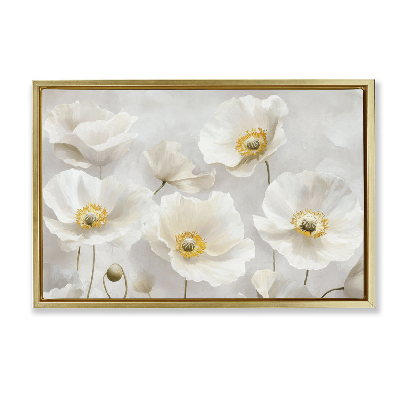 Élégant cadre flottant floral blanc, design par Petal Prints Design, H 17 po x l 25 po, Cadre flottant métallique doré