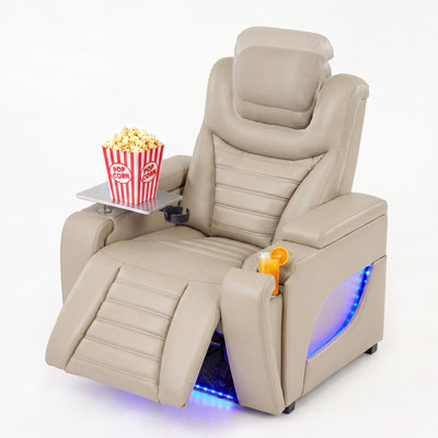 Fauteuil inclinable électrique respirant en similicuir de 38,4 po de largeur avec appui-tête réglable, table-plateau, porte-gobelet et accoudoirs cachés, ports de charge