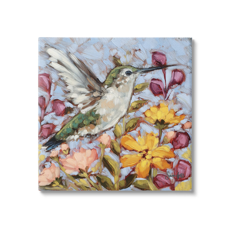 «Hummingbird Spring Garden Flowers» par Sara G. Designs - peinture sur toile tendue, H 17 po x l 17 po x P 1,5 po