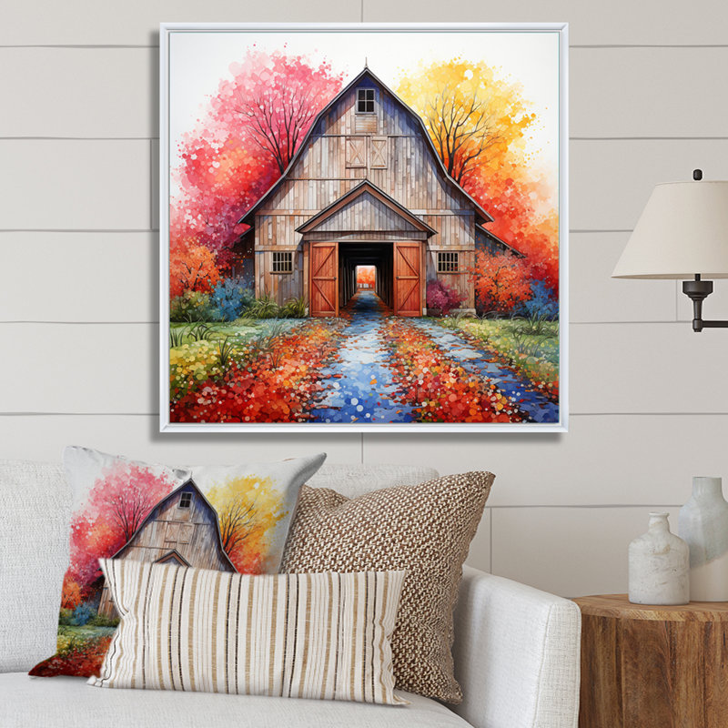 Impression sur toile Barn Symmetry Pointillism I, Cadre flottant blanc, H 30 po x l 30 po x P 1 po