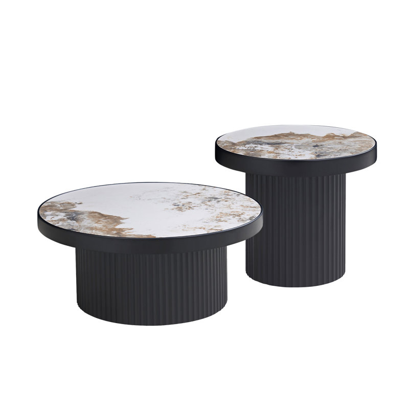 Ensemble de 2 tables basses, table basse ronde en panneau de fibres à densité moyenne pour le salon, White Marble / Black