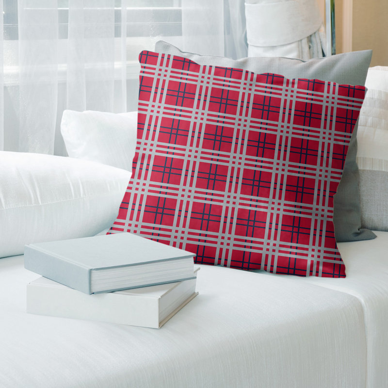 Housse de coussin carré et insert, 14 po x 14 po, Rouge / bleu nautique / argent nouveau siècle, Cuir / Suède