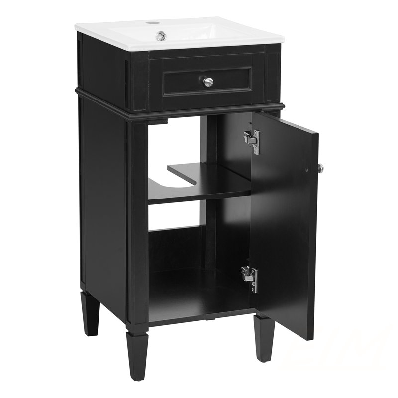 Meuble-lavabo de 16 po avec lavabo en céramique, ensemble simple autoportant, porte à fermeture douce, tablette réglable, style français, pieds pleins, noir, meubles-lavabos