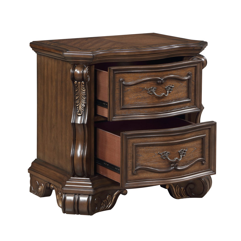 Table de chevet formelle traditionnelle à finition brun foncé de luxe avec 2 tiroirs décoratifs dorés et armoire de chevet 1pc