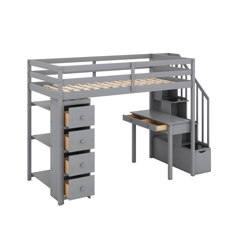 Twin Loft Bed With Drawers,Desk And Stairs, Gray