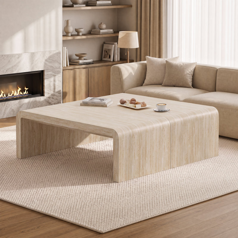 Table basse effet pierre à effet de cascade de 47,3 po avec finition Travallie et bords incurvés, Beige