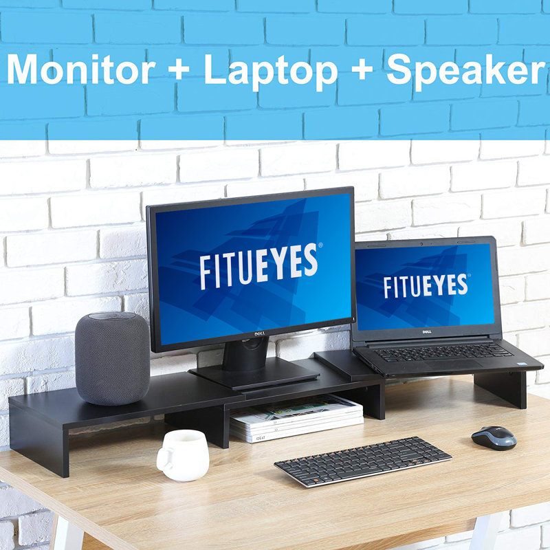 FITUEYES Support pour écran double avec tablette pivotante réglable en bois pour ordinateur portable et bureau à domicile