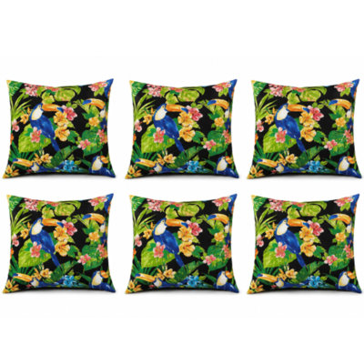 4 Pack Outdoor/Indoor Throw Pillows with Inserts with Zip, 18''x18'' Waterproof Fade Resistant Decorative Square Cushions for Couch, Sofa, Bed,-Toucan Paradise Black