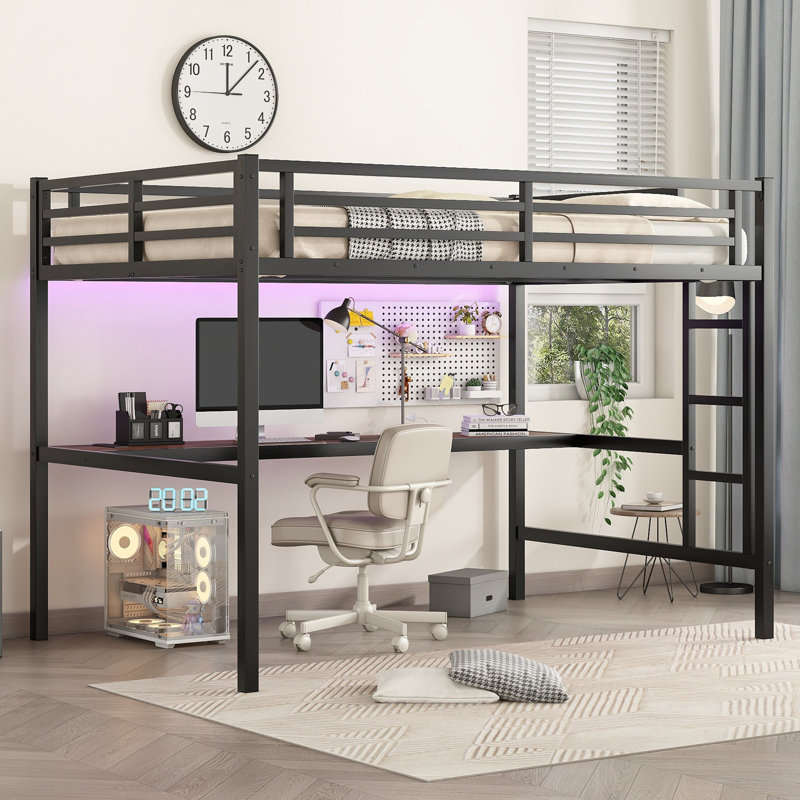 Metal Loft Bed with Power Outlet & LED Lighting - Space Saving Noise Reduced Design, Queen, Black