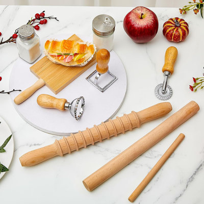 7 Pcs Gnocchi Pasta Making Tool, Wood Gnocchi Board With Ravioli Stamp And Rolling Pin Set Homemade Kitchen Gift For Baking Lovers