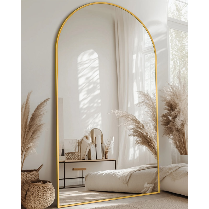 Arched Black Floor Mirror With Stand, 38x77 Inch Freestanding Full Body Mirror For Bedroom, Gold, 86" x 46"