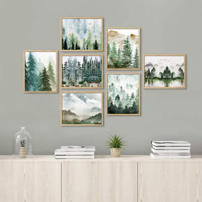 «Aquarelle vert foncé, forêt, pins, paysages, nature sauvage» 7 pièces sur papier