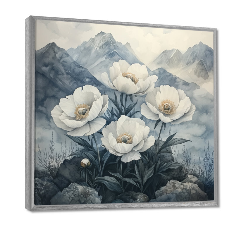 Goldena pivoines dans les montagnes brumeuses II - pivoines, art mural, H 16 po x l 16 po, Impression encadrée flottante