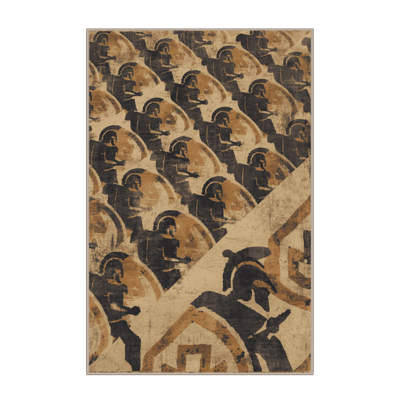Tapis gris et beige lavable à la machine Elmwood Hoplite Phalanx, 7 x 9