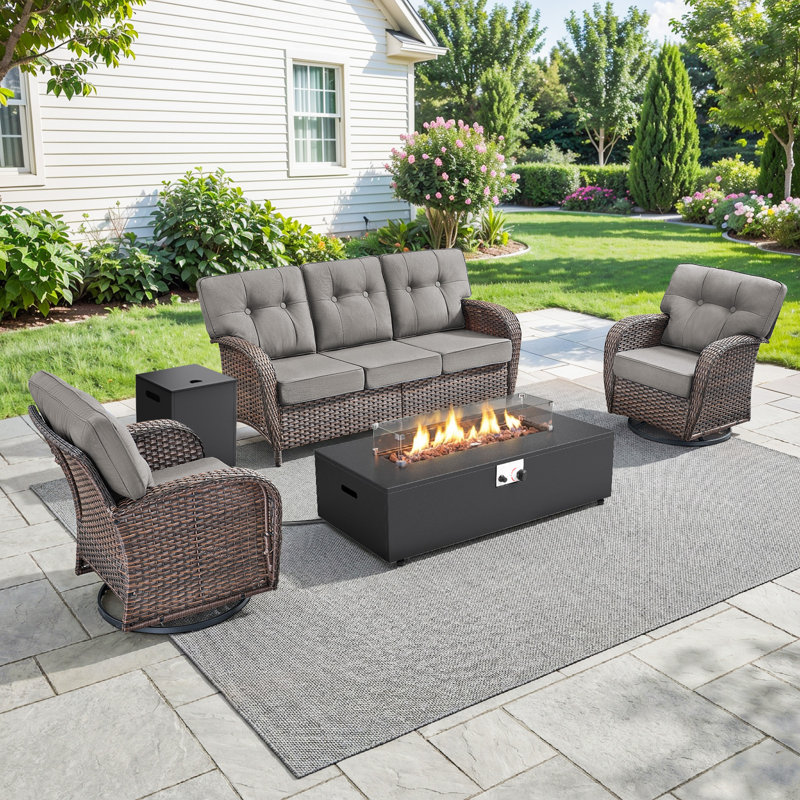 Bruner 4-Piece Wicker Rattan Patio Conversation Set With Swivel Gliders, Outdoor Split Fire Pit Table With Hidden Tank Holder