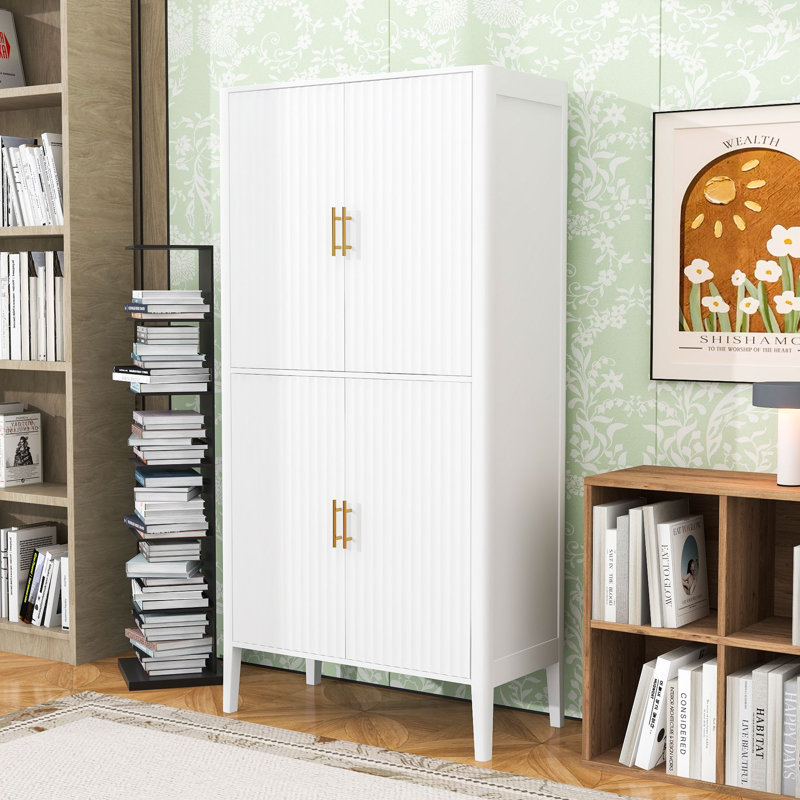 Armoire de cuisine autoportante avec éclairage à DEL, rangement réglable et présentoir en verre, White