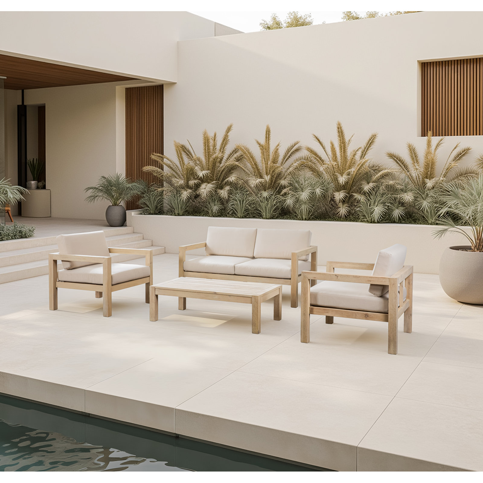 Rosa 5-Person Eucalyptus Patio Seating Group, 4 Pcs: Table, Loveseat, 2 Chairs