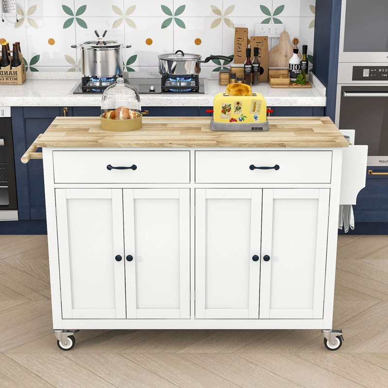 Zanay 54.5" Kitchen Island Cart with Solid Wood Top, Locking Wheels and Storage Cabinets, White