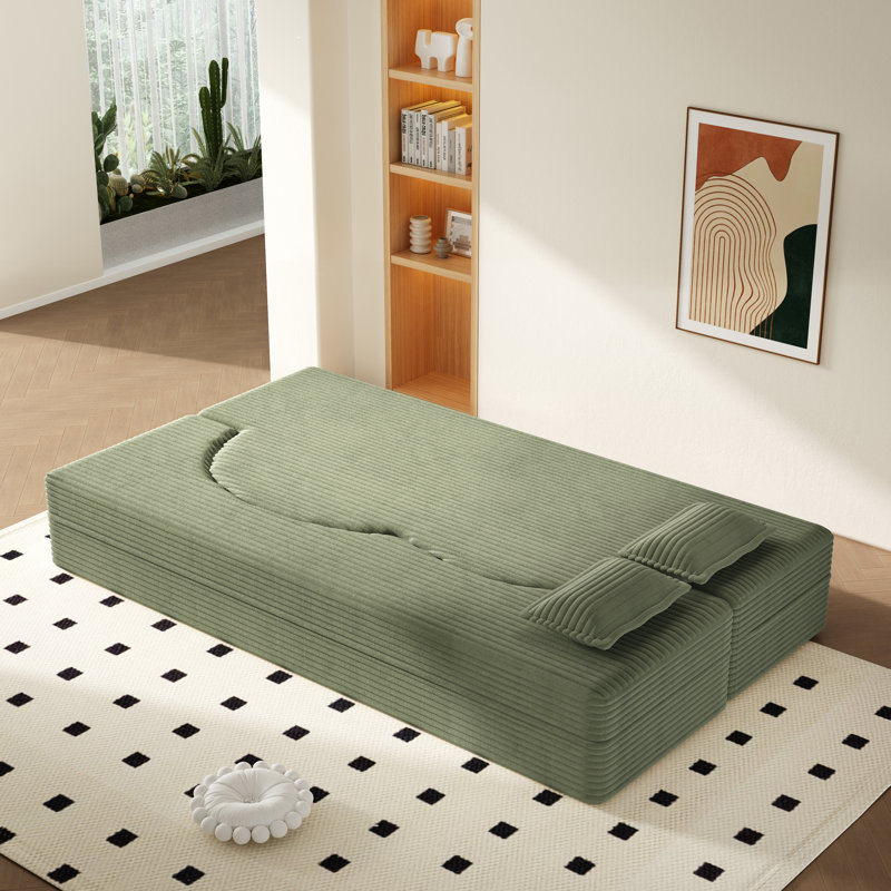 Canapé de sol moderne avec 2 coussins, en velours côtelé vert, pliable