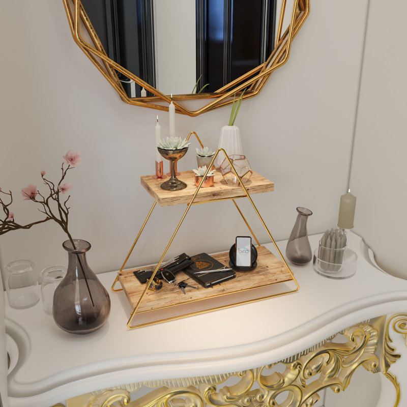 Solid Wood Wall Shelf with Metal Brackets, 15.0 x 6.3 x 16.5 Inches | 100% Real Wood, Gold & Brown Finish | Total Bearing Capacity: 11.0 Lbs | Perfect for Modern Home Decor & Organization, Unique Color Variation