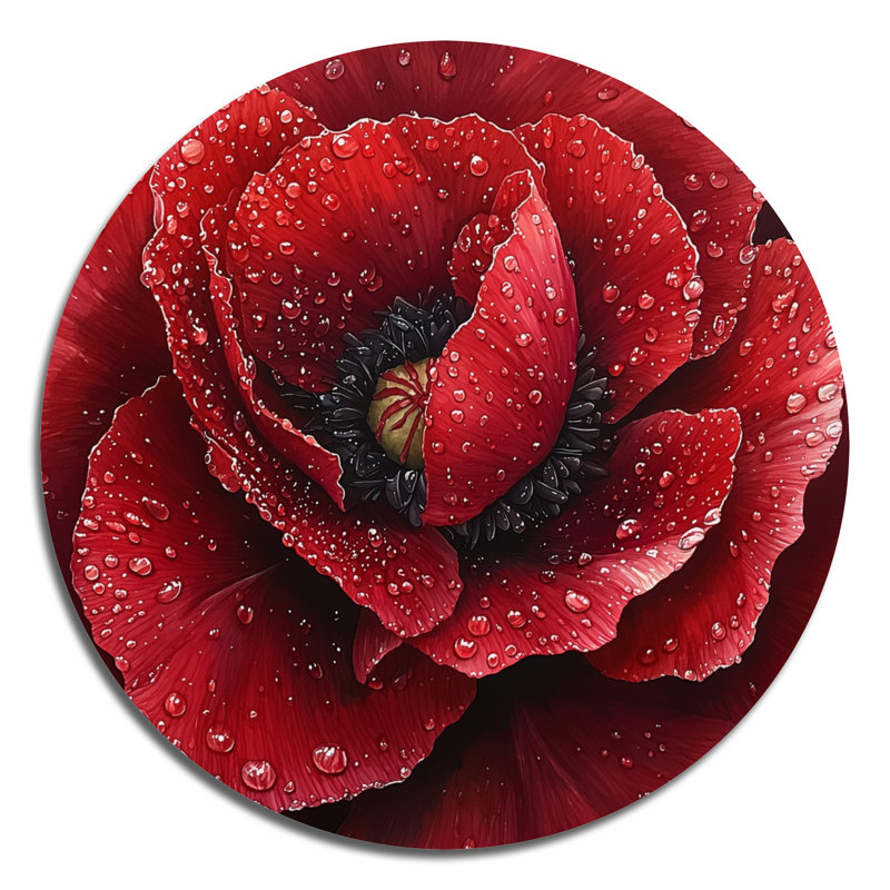 «Raindrop Red Peony In Winter I», reproduction d'art métallique traditionnelle rouge, coquelicots ronds, art mural en métal