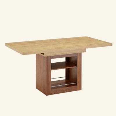 An expandable dining table with storage space, a 59 inch to 71 inch expandable kitchen dining table. rectangular pull table with sturdy MDF frame in walnut color,  accommodating 4-8 people.