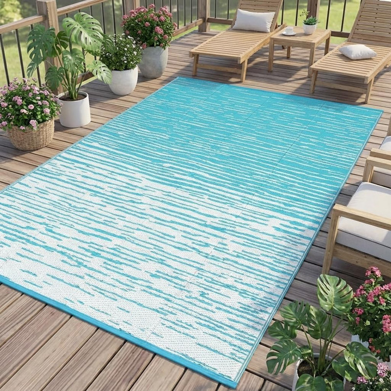 5x8 FT Light Blue Abstract Line Reversible Outdoor Rug, Waterproof Foldable Plastic Straw Patio Mat for Front Door RV Travel Trailer Deck Picnic Porch Camper Balcony Beach
