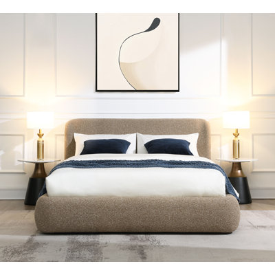 Lit en tweed EK Erica beige foncé, aucun outil requis, entièrement rembourré, bords arrondis
