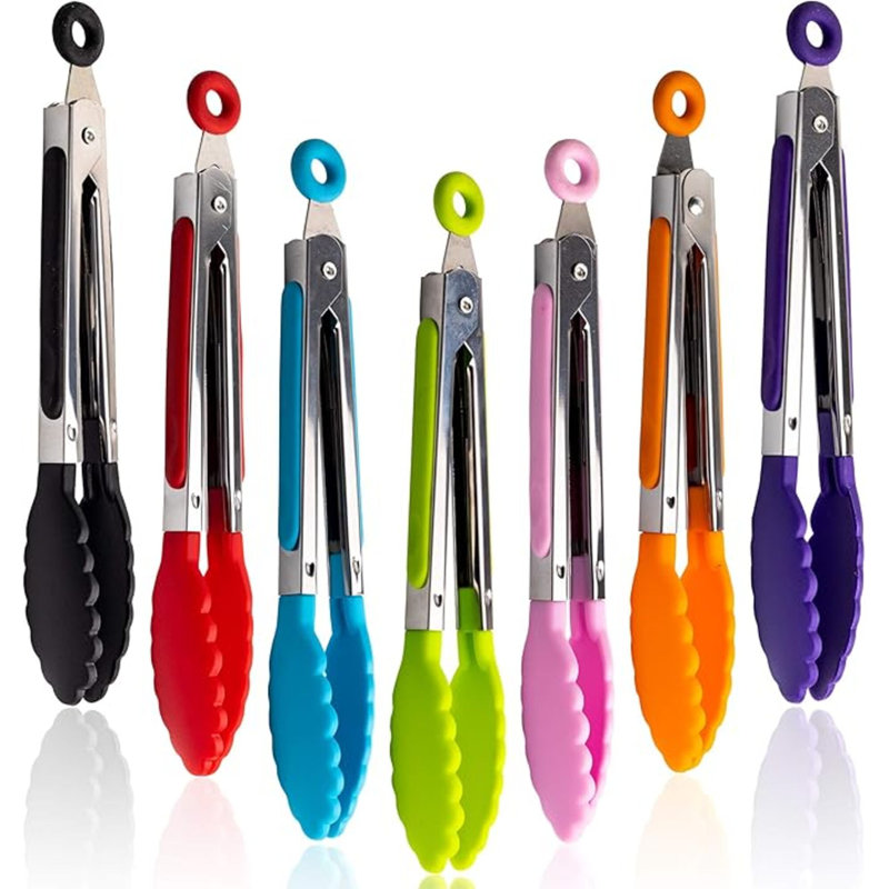Mr.EV 7Pack Kitchen Tongs Set 7-Inch Mini Small Food Tongs With Stainless Steel Silicon Handles And Nylon Tips Heat Resistant Tongs For Cooking,Serving,BBQ,Grilling, Salad And More