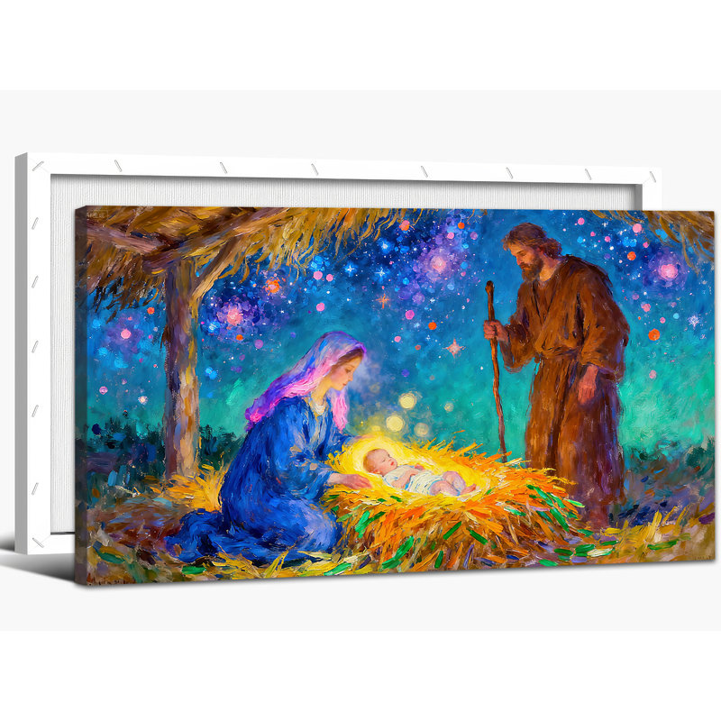 Grande décoration murale de crèche de Noël - Oh Sainte nuit, décoration murale, art de Noël sur toile de la Nativité pour le salon, reproduction de la toile de la Nativité avec cadre en pin, 24 po x 48 po