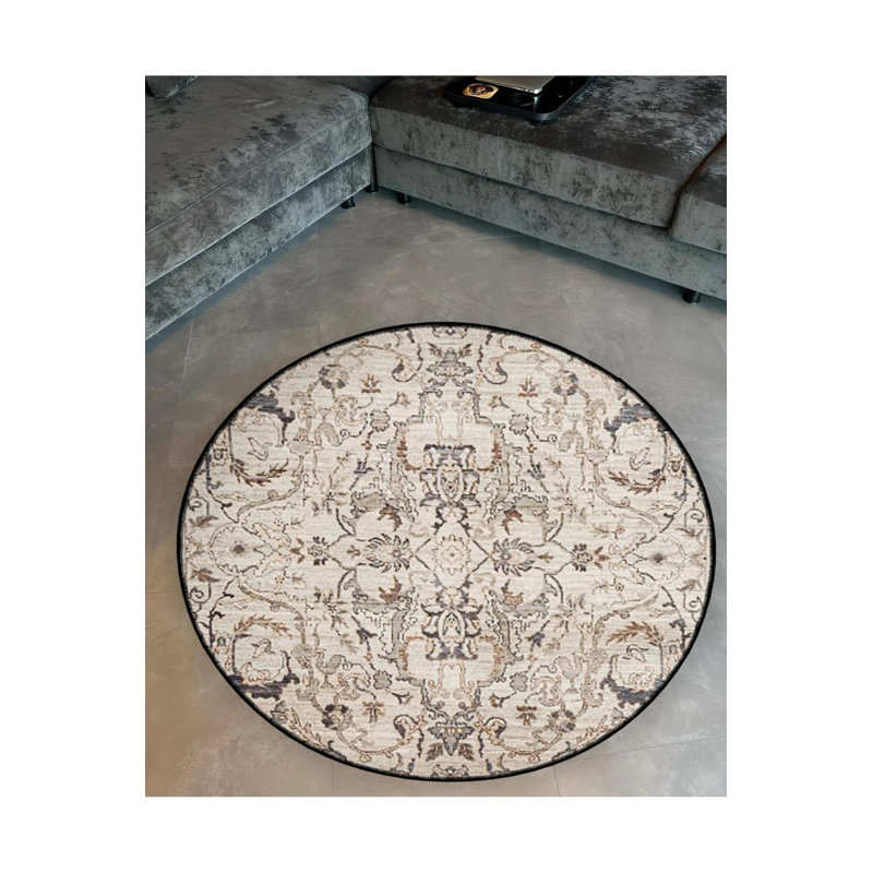 Beige Themed Traditional Patterned Round Woven Base Vintage Decorative Carpet, Round 5'