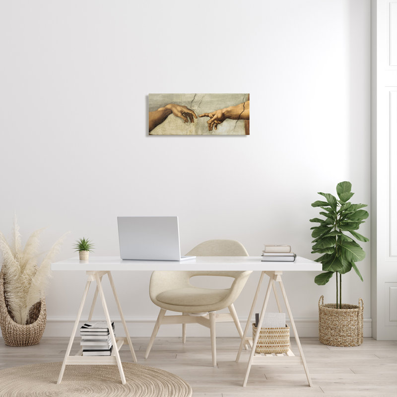 Mains de la création d'Adam, peinture sur toile tendue par Michel-Ange, H 10 po x l 24 po