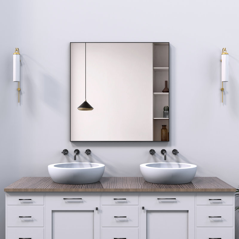 Miroir mural 36 po x 36 po moderne en aluminium noir, pour salle de bain, salon, chambre à coucher, reflet tout autour, cadre de salle de bain surdimensionné facile à installer, monté, à l'épreuve, reflet tout autour