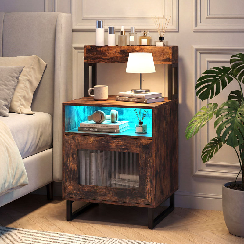 Table de chevet 2 pièces avec lumières DEL, table de bout moderne avec plateau supérieur, brun rustique à compartiment ouvert