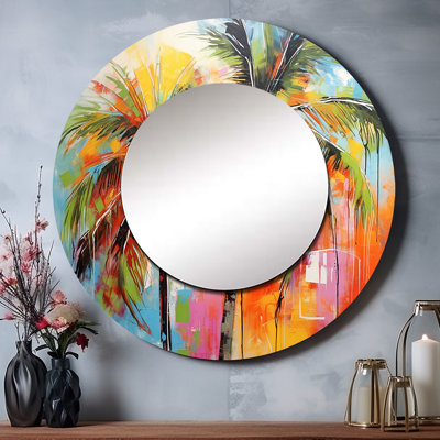 Sayesha Popart Palm Trees I - miroir mural Palms, miroir décoratif rond traditionnel, impression d'art en métal