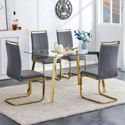 Table de salle à manger élégante en verre avec plateau rectangulaire trempé et pieds en métal doré, sièges 4-6, 51 x 31,5 pouces