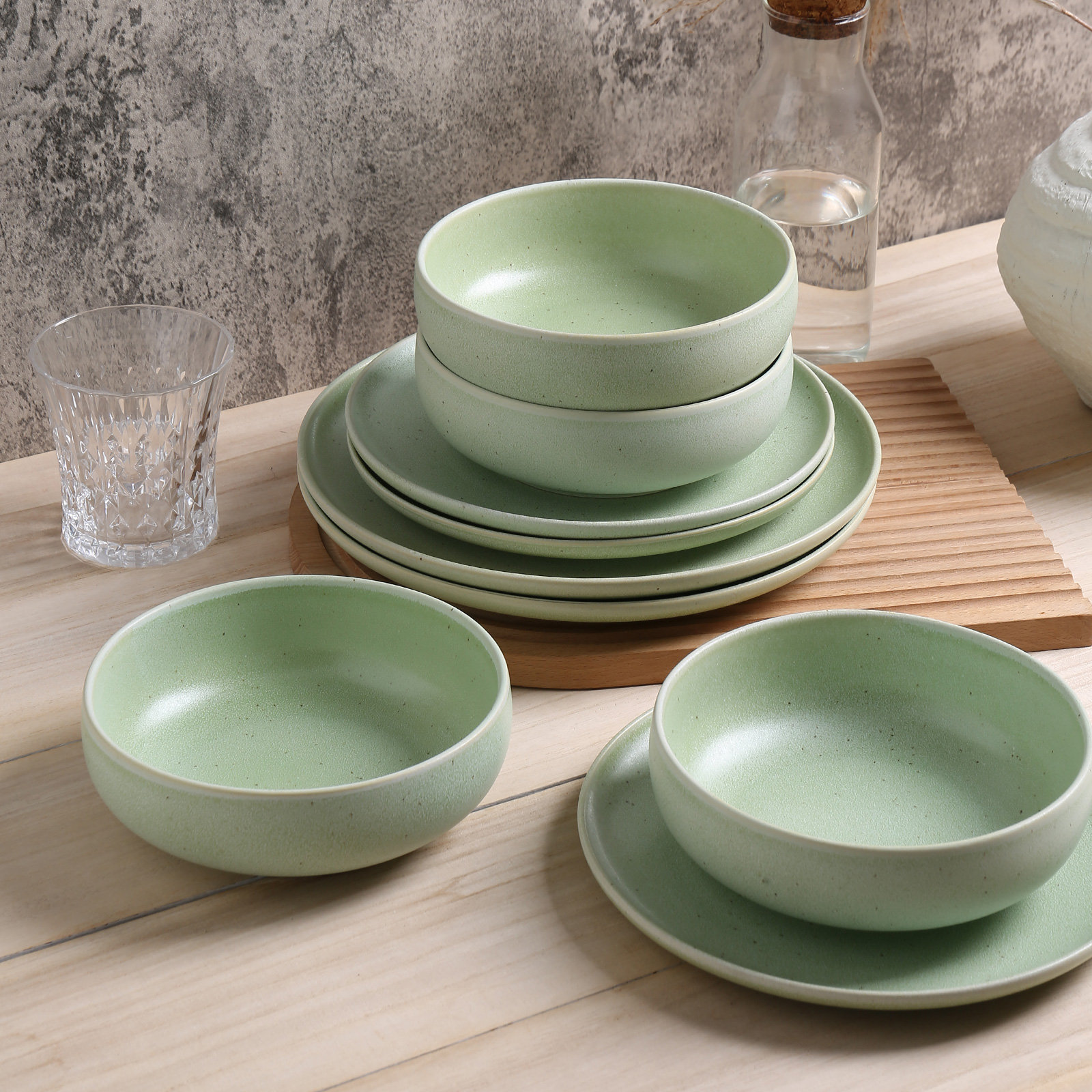  Misty Sprout 12 Piece Stoneware Dinnerware Sets,Service For 4, Green